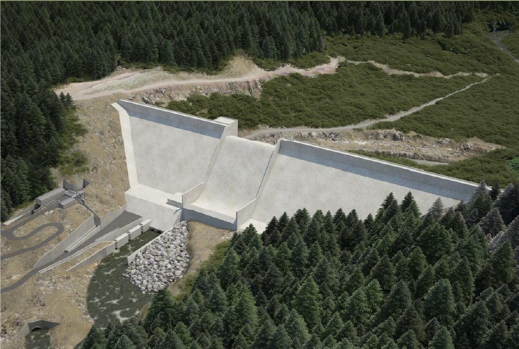 Artist rendering of Flood District's proposed flood retention dam on Chehalis River.