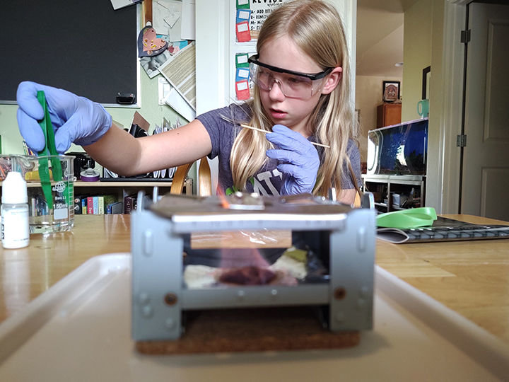 Amelia Venters, 11, who is homeschooled, does a science experiment.