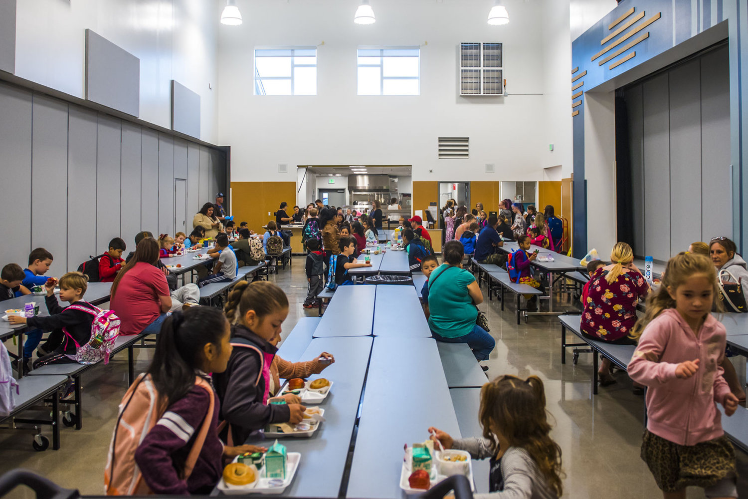 Students eat breakfast in the new lunchroom in September 2019 at Fords Prairie Elementary in Centralia.