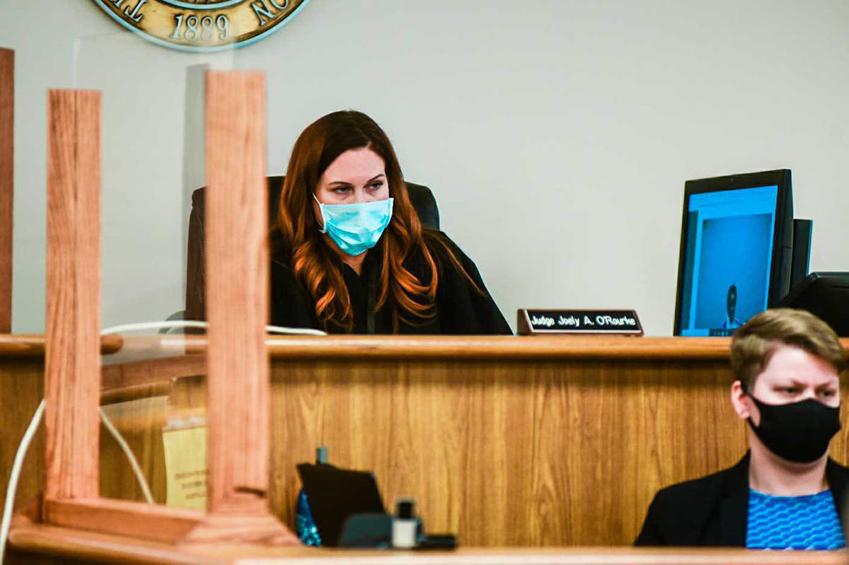 Lewis County Superior Court Judge Joely O'Rourke wears a mask in court this week.