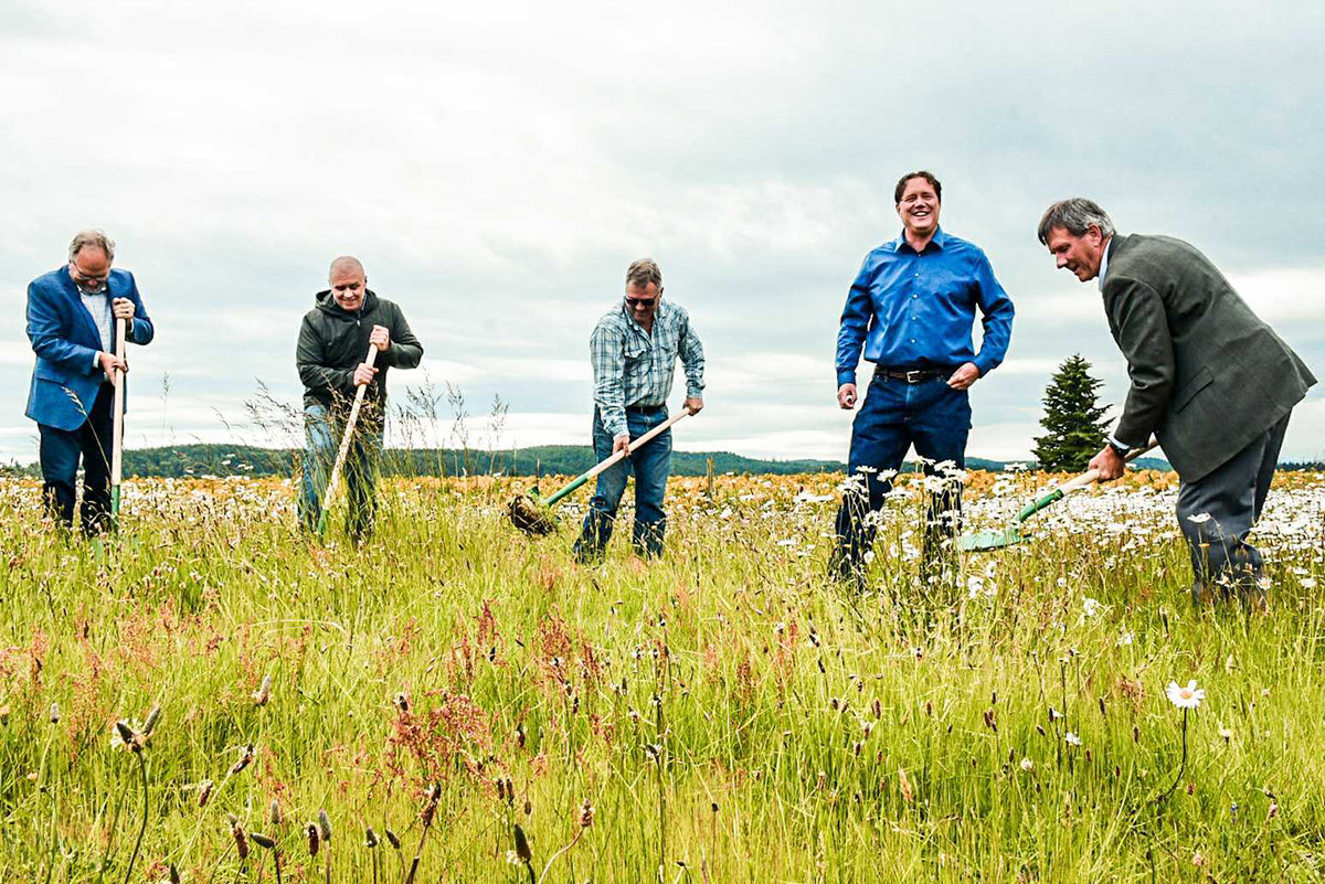 From left to right, SCJ Alliance Consulting Services PE Senior Principal Perry Shea, Tenino Mayor Wayne Fournier, Washington House Rebublican Leader J.T. Wilcox R-Yelm, Director Aslan Meade, and Port of Olympia Commisioner Joe Downing participate ina groundbreaking ceremony off Old Highway 99 SE in Tenino on Tuesday.