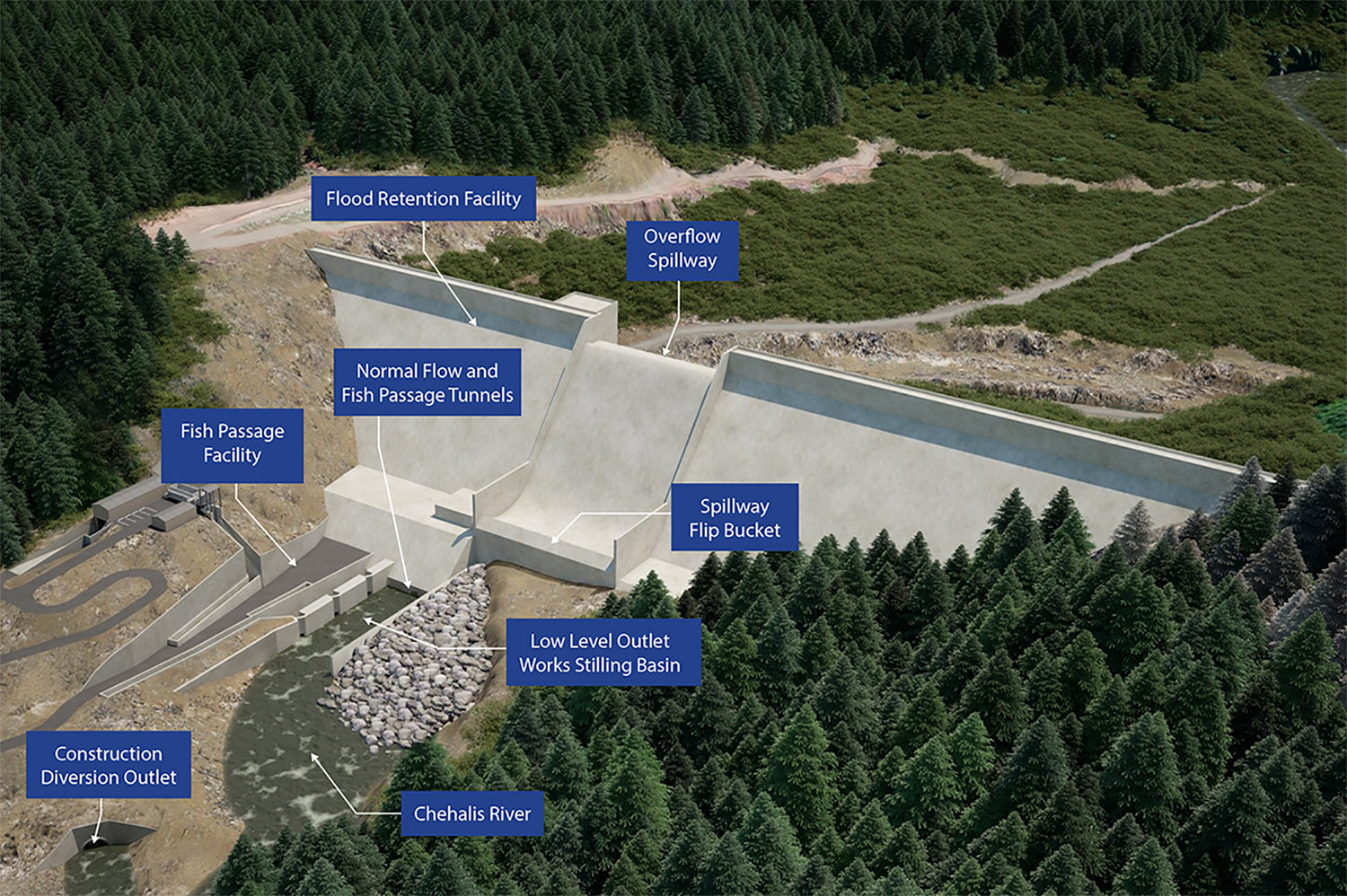 This illustration shows what the proposed Chehalis River dam near Pe Ell will look like under normal conditions, allowing the river to run without impediment.