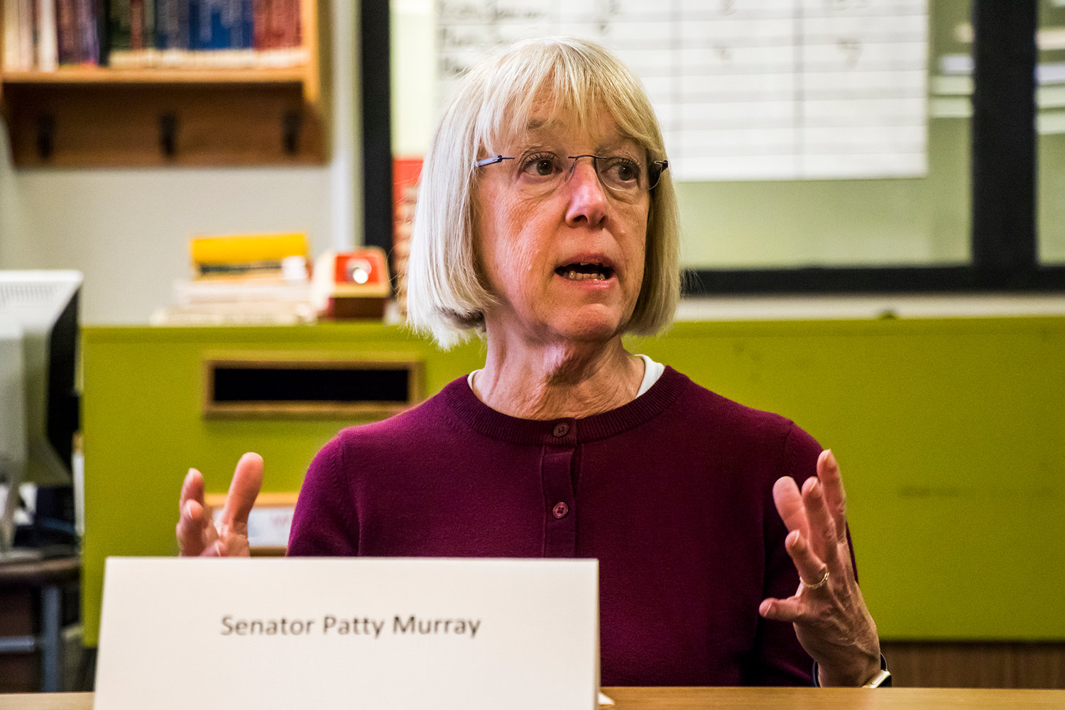 Senator Patty Murray attends a meeting with members of the community and school district in May 2019 at Toledo High School.