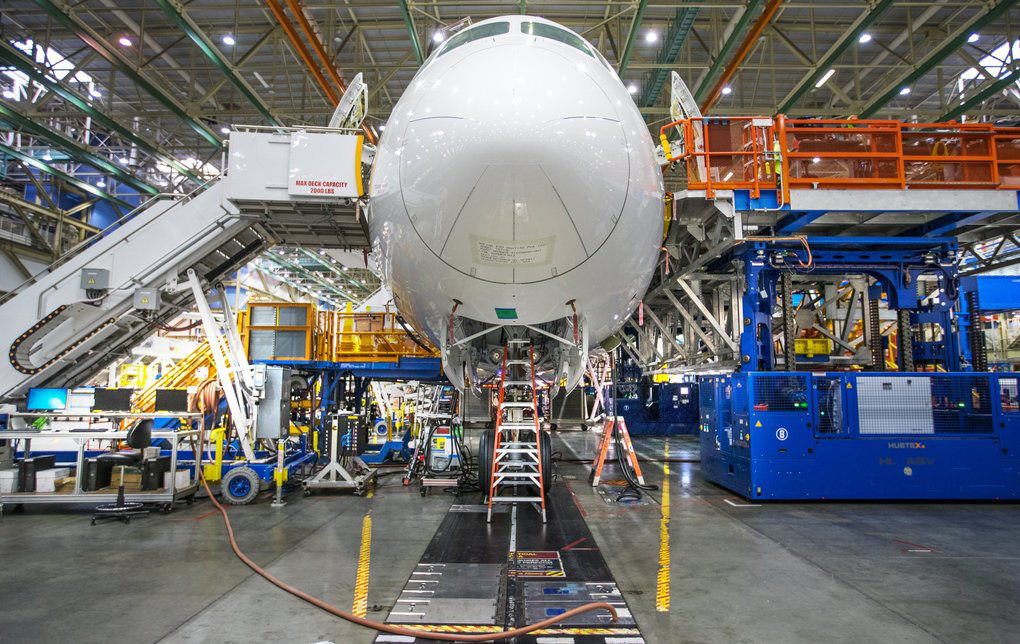 The nose section of a new Boeing 787 Dreamliner jet under assembly in Everett.