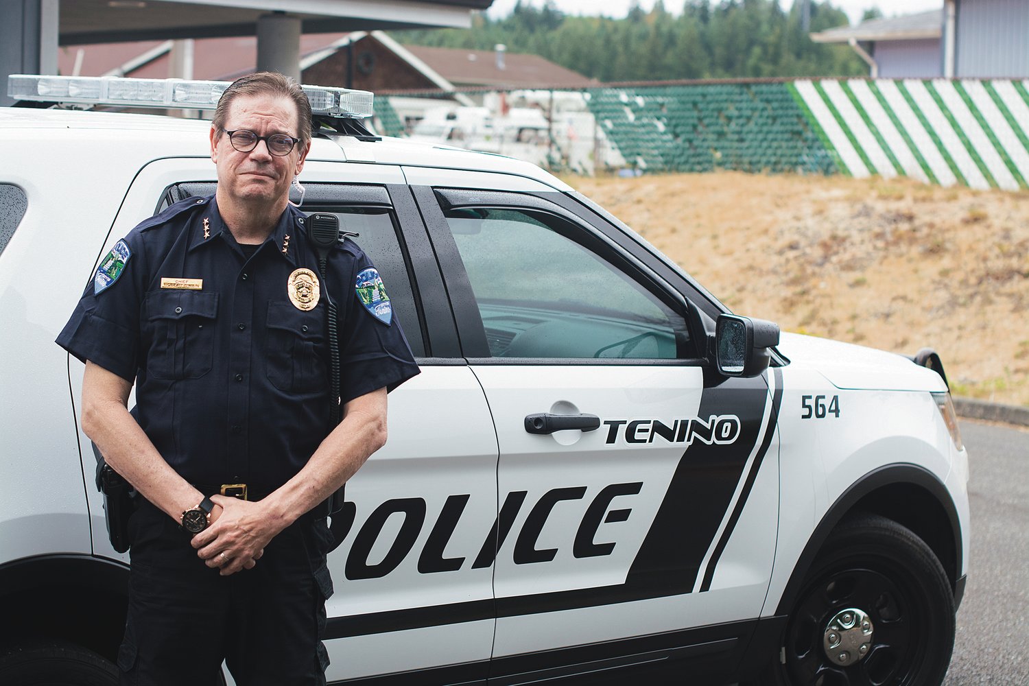 2018 FILE PHOTO — New Tenino Police Chief Robert Swain stands outside the police station in Tenino in 2018.