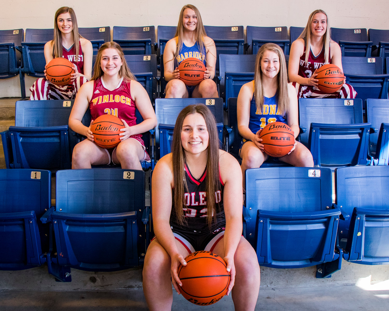 The All-Area Girls Basketball Team poses for a photo Monday afternoon at Centralia College. Front, Toledo's Kal Schaplow. Middle row, from left, Winlock's Addison Hall and Adna's Payton Aselton. Back row, from left, W.F. West's Drea Brumfield, Rochester's Paige Winter and W.F. West's Annika Waring. (Jared Wenzelburger / jwenzelburger@chronline.com)