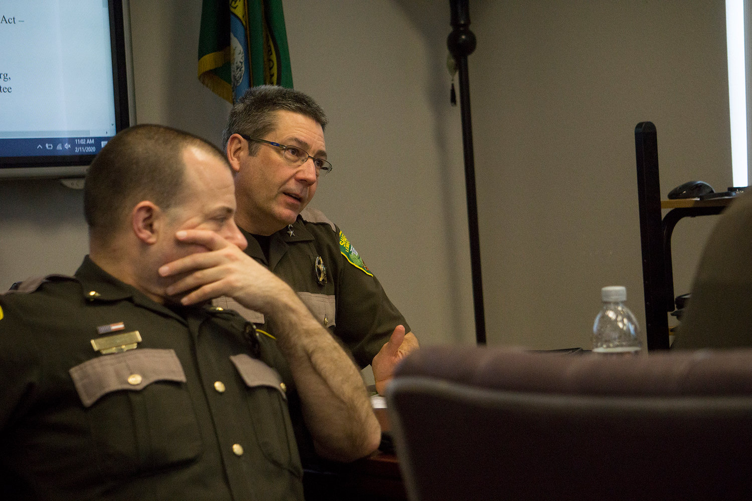 Undersheriff Wes Rethwill and Chief Deptuy Dusty Breen during a discussion about I-1639 in Tuesday’s Sheriff’s Office update with the Board of County Commissioners