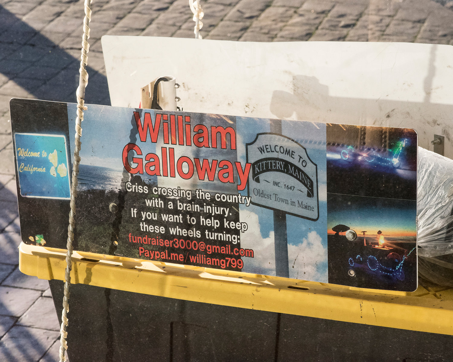 Sign on William Galloway’s bike.