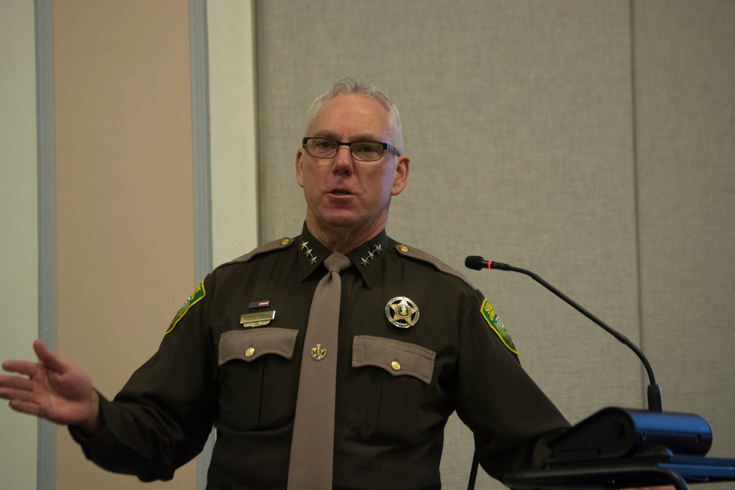 FILE PHOTO — Sheriff Rob Snaza addresses the audience during January's approval of Law Enforcement Appreciation Day at the Historic Courthouse.