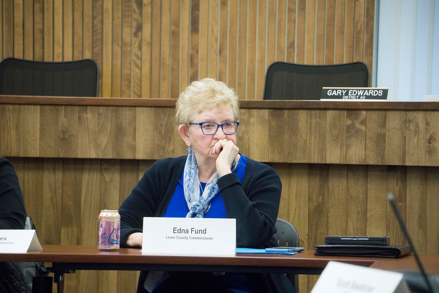 Edna Fund, Lewis County commissioner and Chehalis River Basin Flood Authority board member listens during a meeting of the board Thursday afternoon in Olympia.