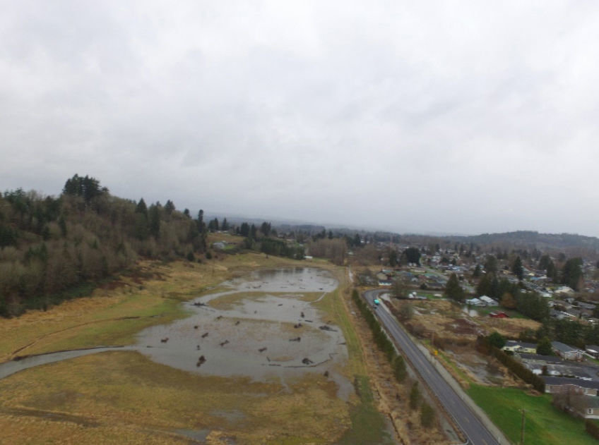 A photo shared by the City of Centralia after a flooding event in early January shows water pooling around the new outline of China Creek.