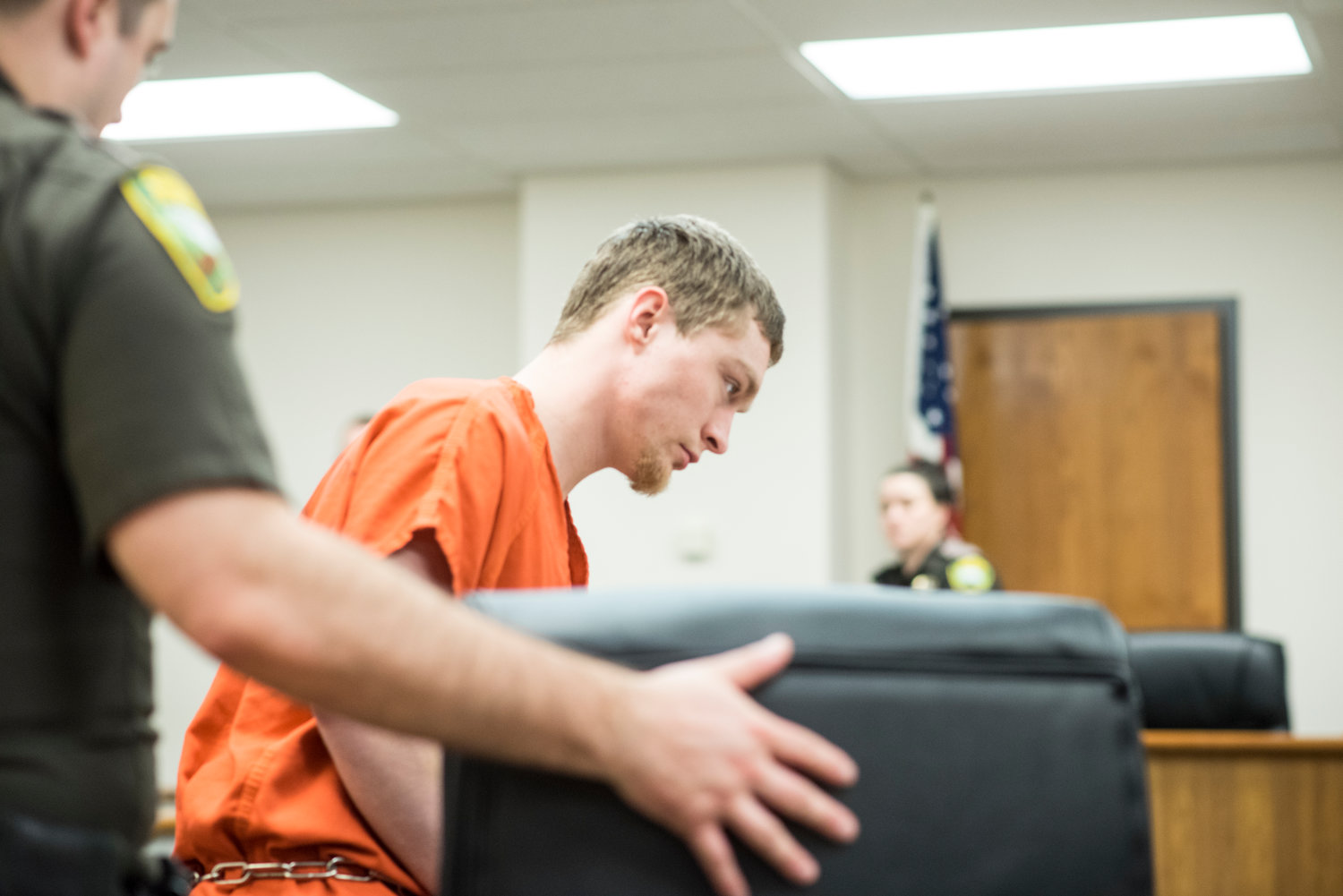 Christopher M. Bosarge makes his first appearance in Lewis County Superior Court Monday on suspicion of making a bomb threat last month to the Lewis County Superior Court.