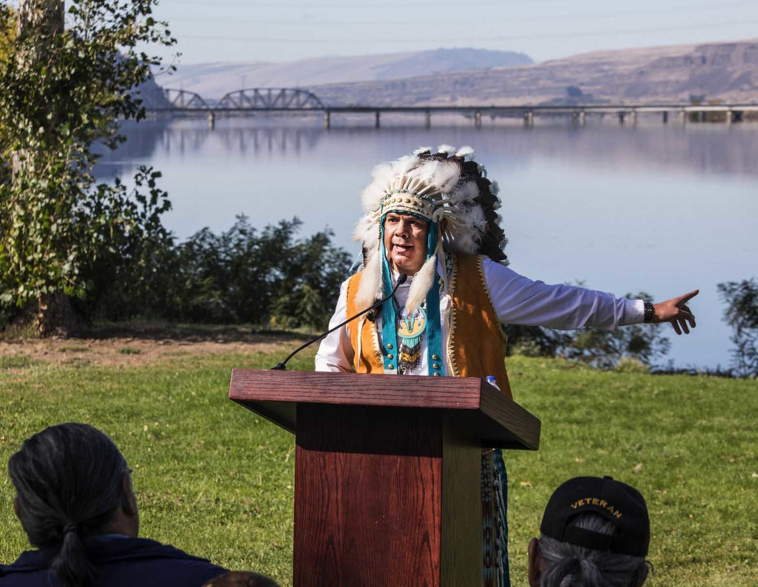 JoDe Goudy, chairman of the Yakama Nation, calls on Monday for the removal of three dams on the lower Columbia River. 'Dams or salmon,' he said in an emotional plea at the Celilo Village park near The Dalles Dam.