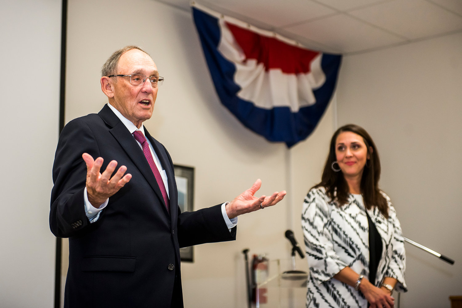 Representative Phil Roe, left, of Tennessee, and Jaime Herrera Beutler, right, talk to veterans during a public meeting Monday afternoon at the Chehalis Veterans Memorial Museum.