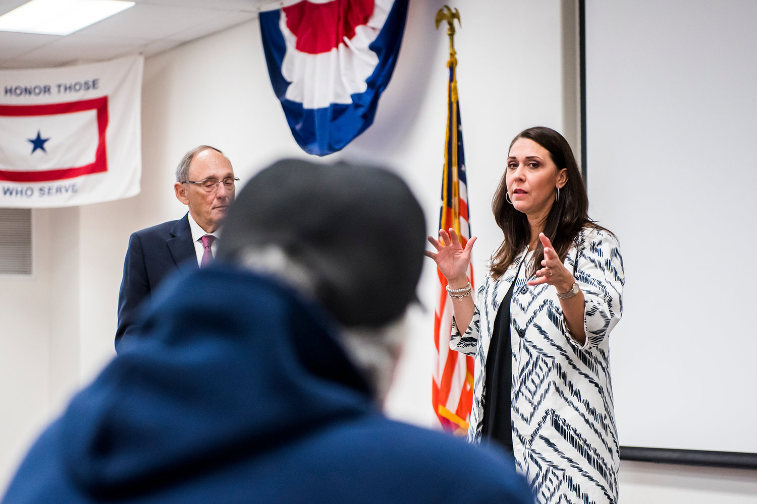 Representative Phil Roe, left, of Tennessee, and Jaime Herrera Beutler, right, talk about medical marijuana during a public meeting at the Chehalis Veterans Memorial Museum.