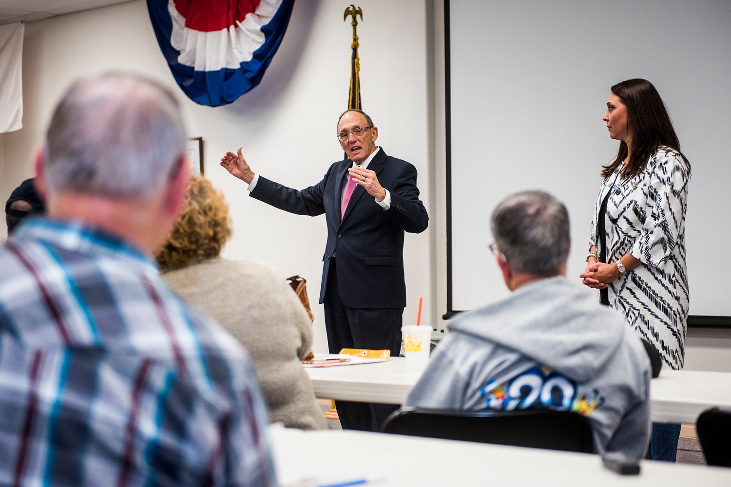Rep. Phil Roe, center left, of Tennessee, and Rep. Jaime Herrera Beutler, far right, talk during a public meeting Monday afternoon at the Chehalis Veterans Memorial Museum.