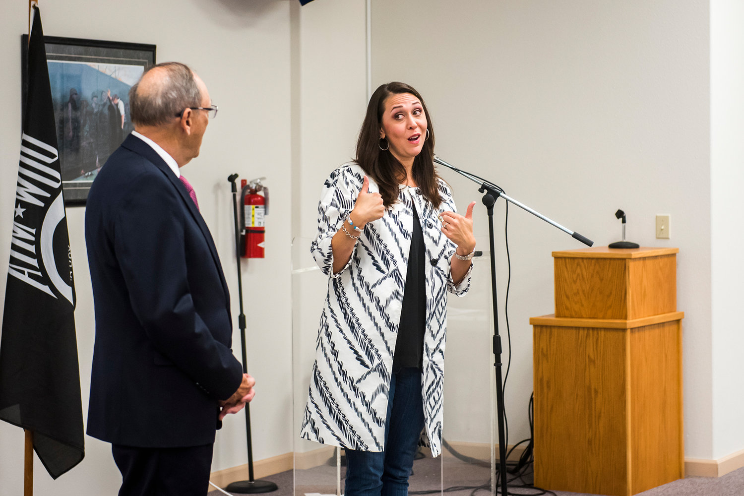 Representative Phil Roe, left, of Tennessee, and Jaime Herrera Beutler, right, talk to veterans during a public meeting at the Chehalis Veterans Memorial Museum in October 2019. 