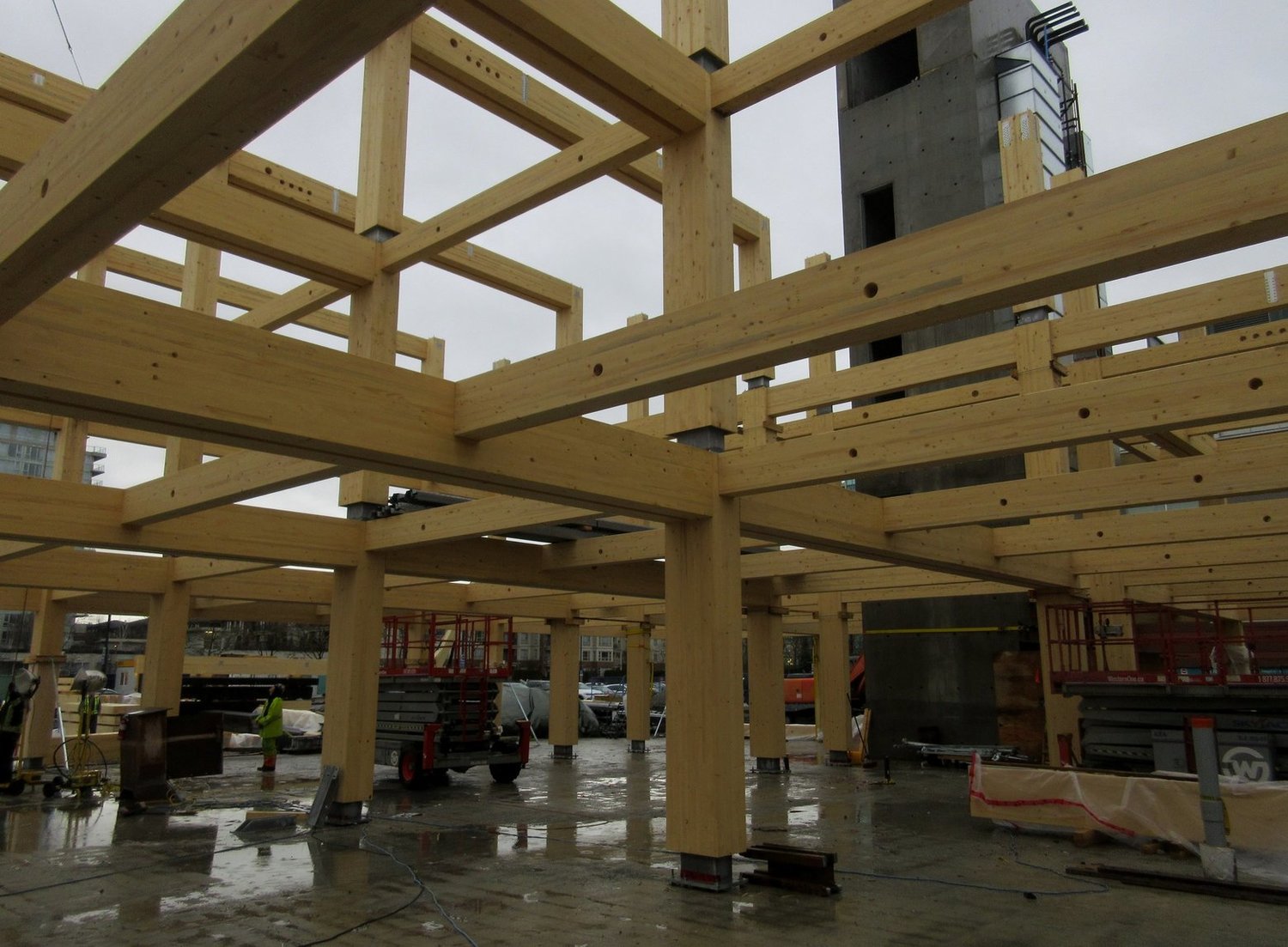 The four-story Wilson School of Design in Richmond, B.C., under construction last year with glue-laminated post-and-beam framing. Later, cross-laminated timber decking was added. The building was designed by the Seattle architecture firm Fast+Epp.