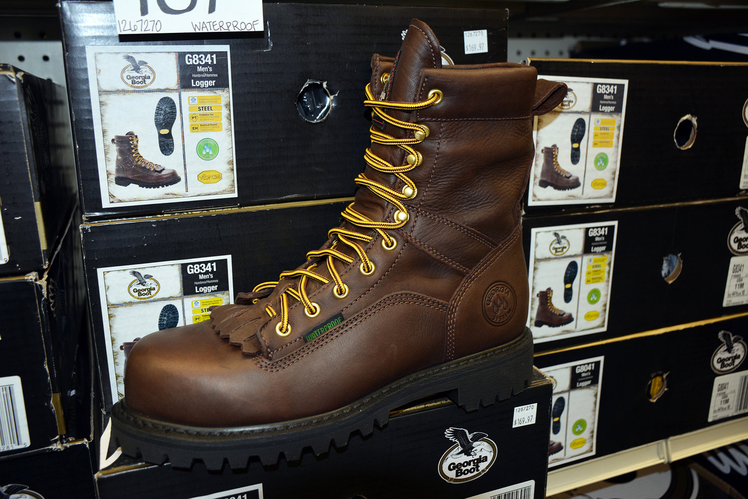 One of many Georgia Boot products is seen on display at the Sunbird Shopping Center in Yelm.