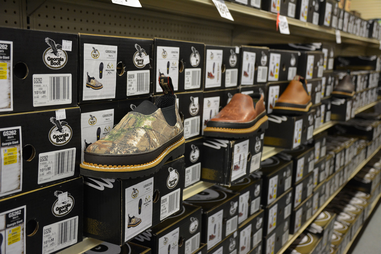 A line of Georgia Boot Romeos on display at the Yelm Sunbird Shopping Center.