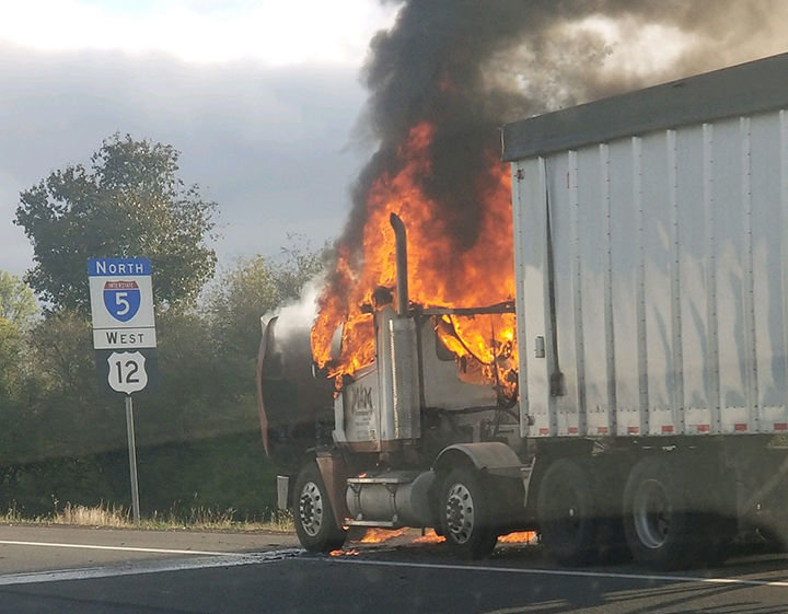 A semi truck caught fire early Wednesday morning on northbound Interstate 5 just north of milepost 79.