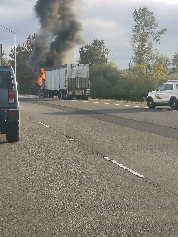 A semi truck caught fire early Wednesday morning on northbound Interstate 5 just north of milepost 79.