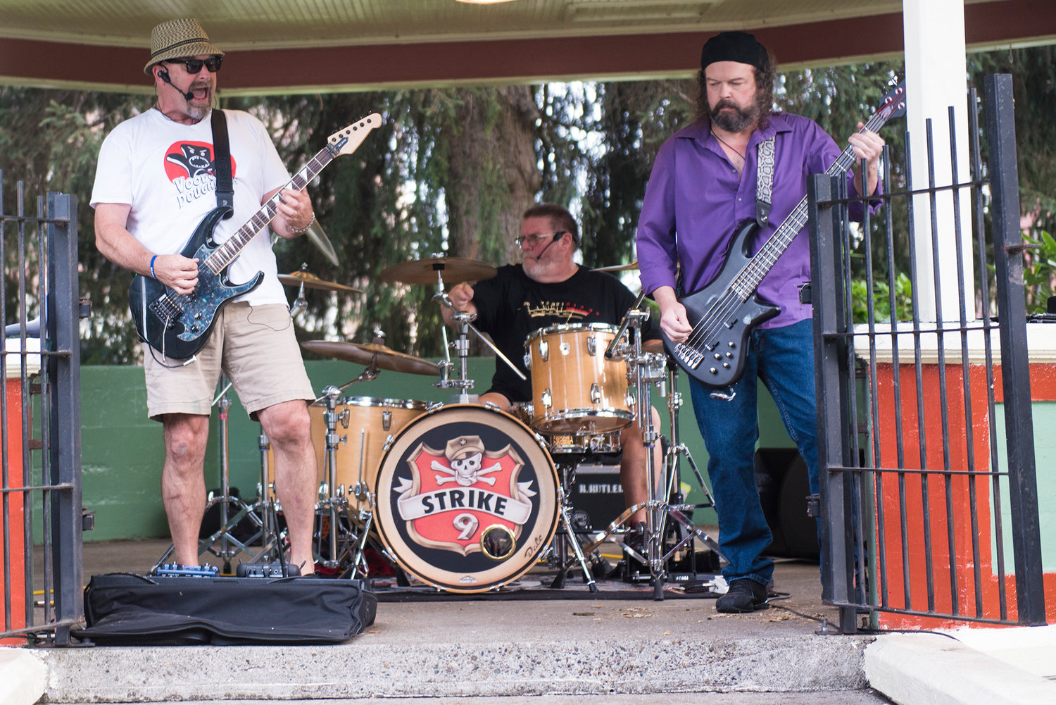 From left: Brian Cockrell, Ross Rutledge and Mark Fletcher make up the band Strike 9, which played at Music in the Park on Saturday in downtown Centralia.