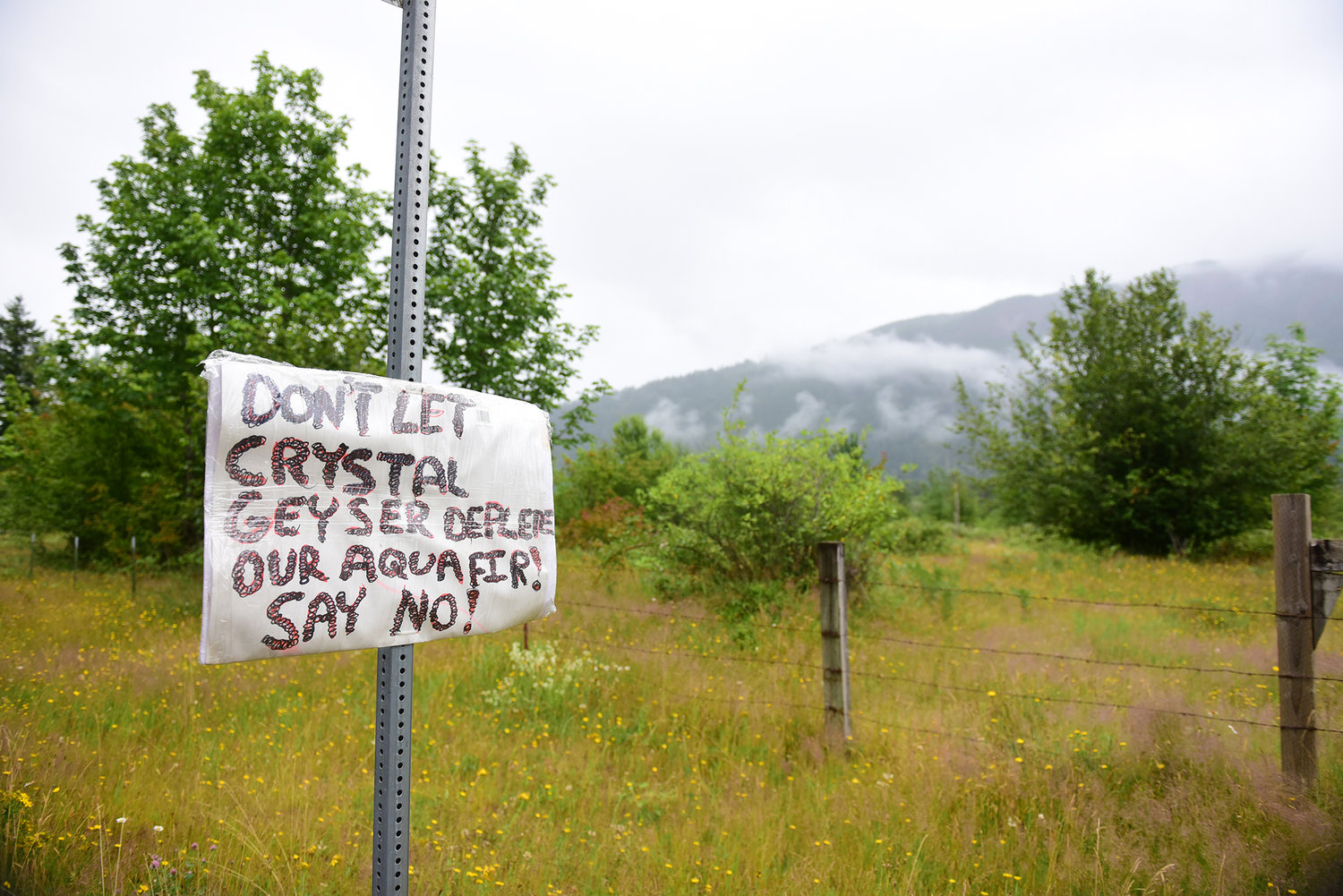 A sign near Crystal Geyser's property on Peters Road in Randle urges opposition to the company's proposed bottling plant.