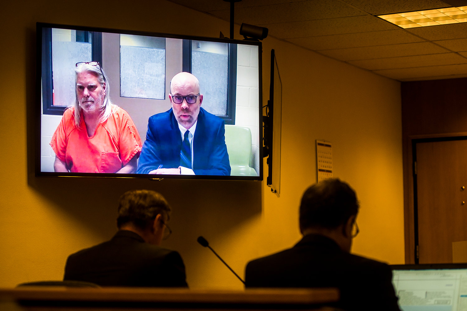 Eric Lee Roberts, top left, makes an appearance in Thurston County Superior Court via video monitor Thursday afternoon in Olympia.