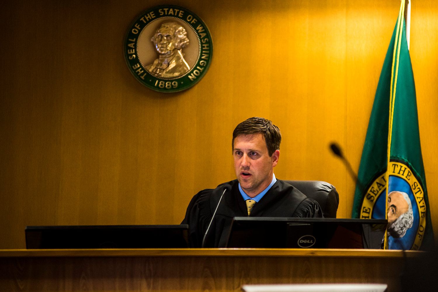 Court Commissioner Nathan Kortokrax speaks during a preliminary hearing for Eric Lee Roberts in Thurston County Superior Court Thursday afternoon in Olympia.