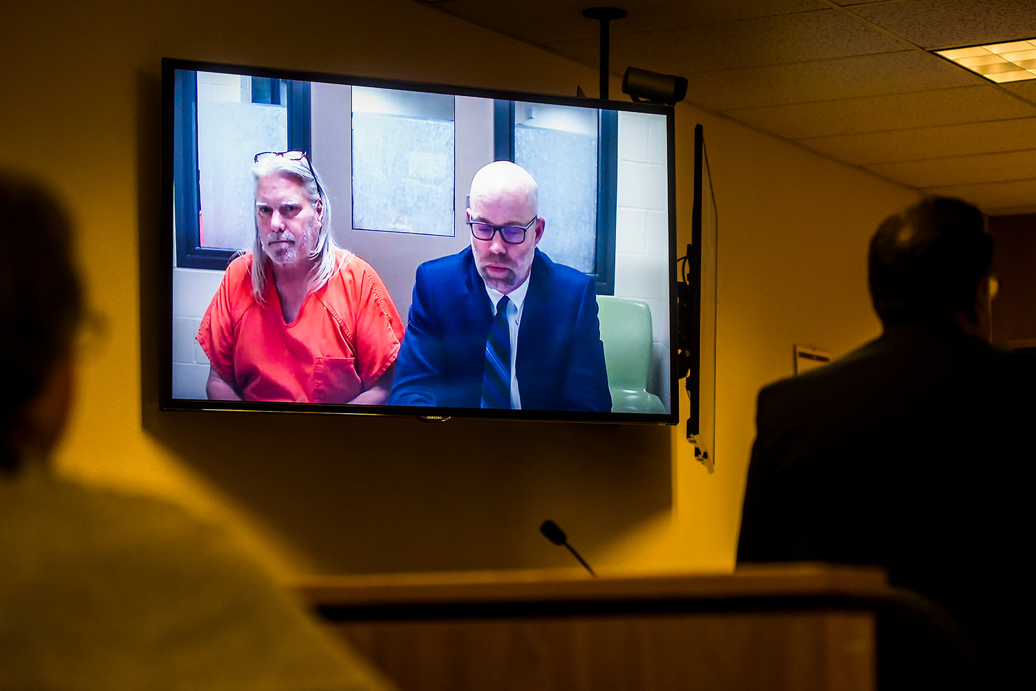 Eric Lee Roberts, center left, makes an appearance in Thurston County Superior Court via video monitor Thursday afternoon in Olympia.
