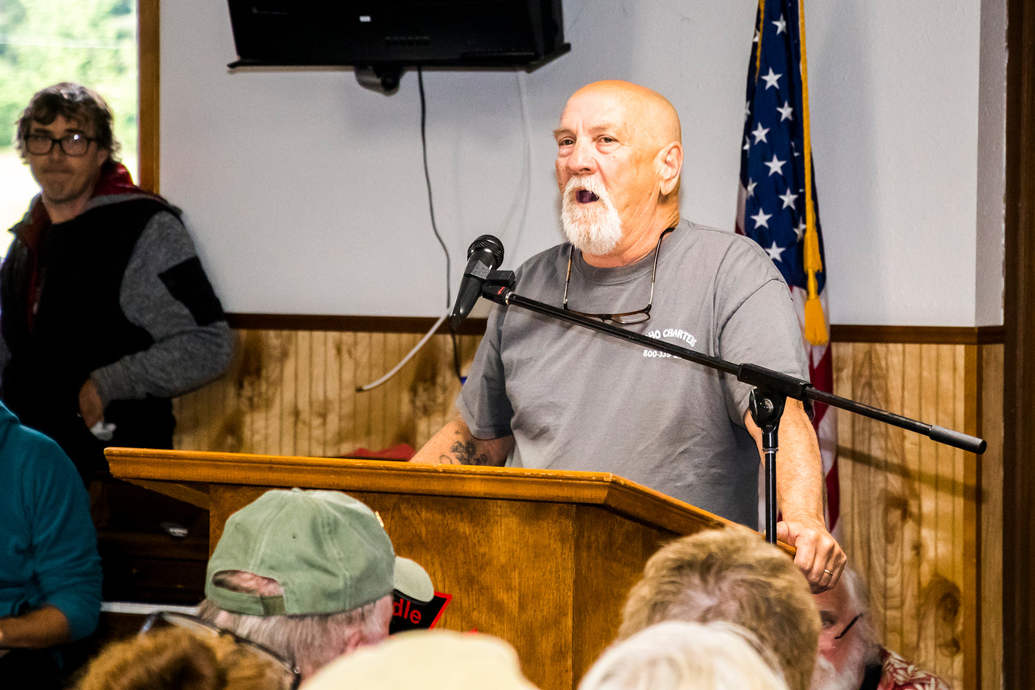 Greg King, vice president of Friends of the Cowlitz, a fishing advocacy group, addresses a packed house at the Randle Fire Hall to oppose a proposed water bottling plant.