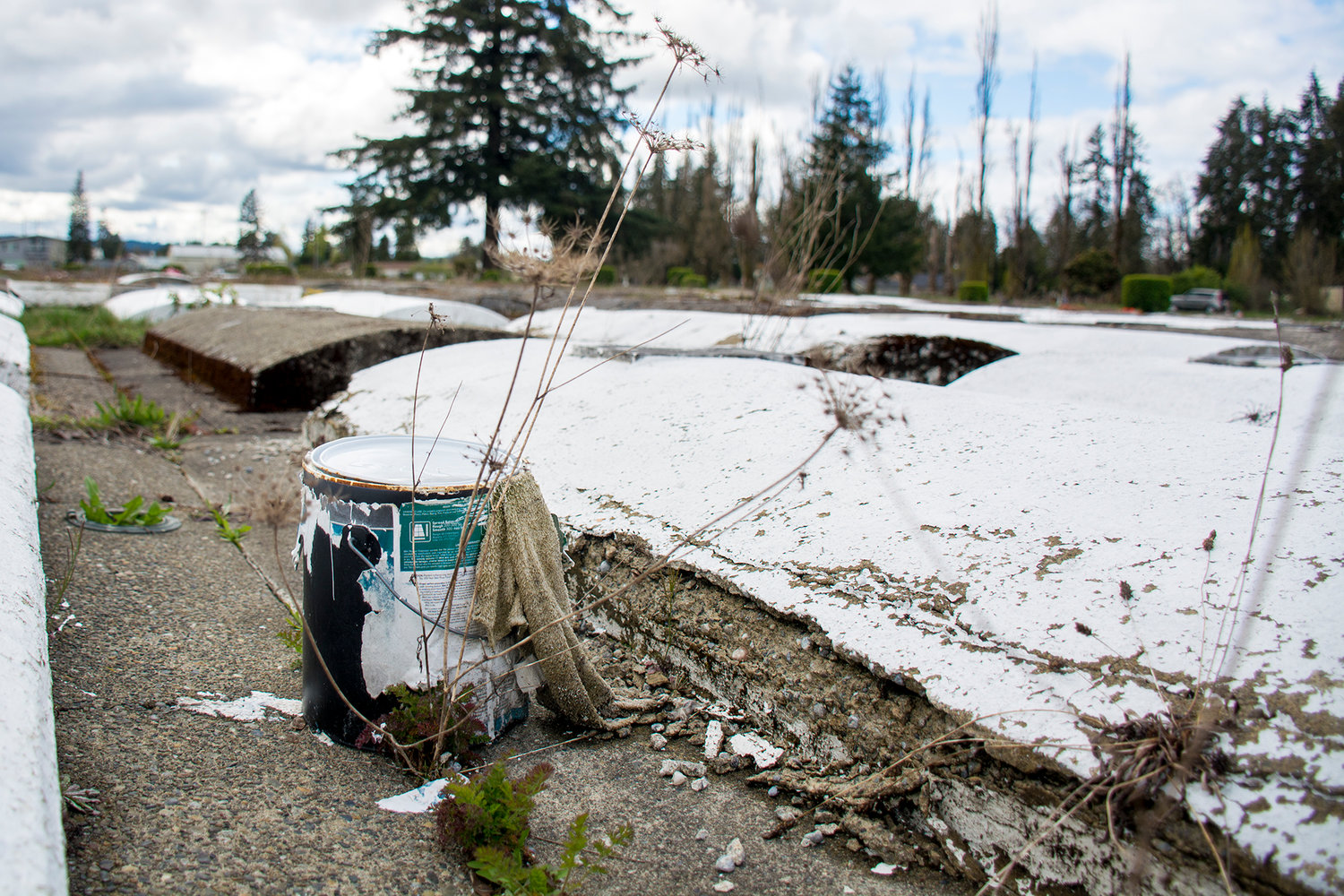 A weathered can of white paint sits next to a decaying grave site at Greenwood Memorial Park in Centralia.
