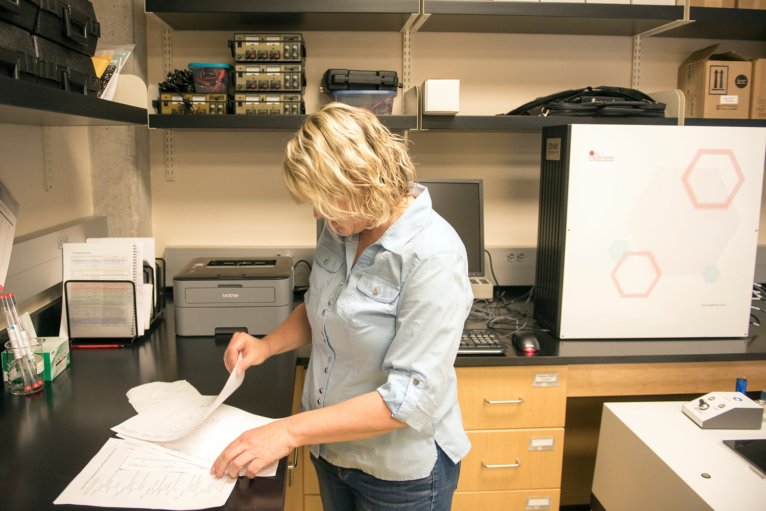 Centralia College Associate Chemistry Professor Karen Goodwin explains results from the college’s new Nuclear Magnetic Resonance Spectrometer (NMR) Thursday afternoon in Centralia.