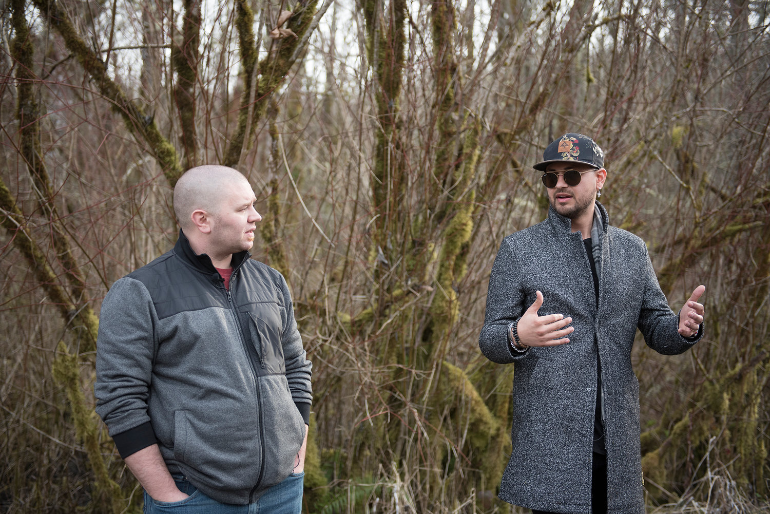 Wayne Fournier, left, and James Baysinger on March 16, 2019, talk about the death of Vanda Boone on the Yelm-Tenino Trail.