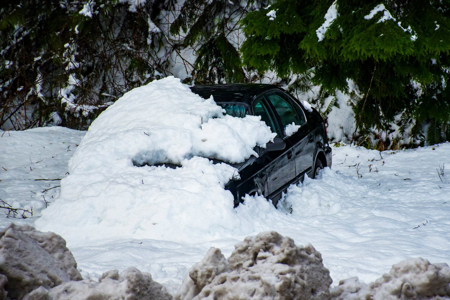 A car is seen buried in snow off the side of Highway 12 Wednesday morning in Morton.