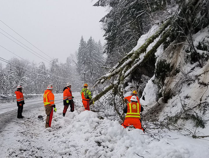 The Washington State Department of Transportation posted this picture to social media Tuesday showing crews working along state Route 7 in Lewis County. The highway was closed overnight.