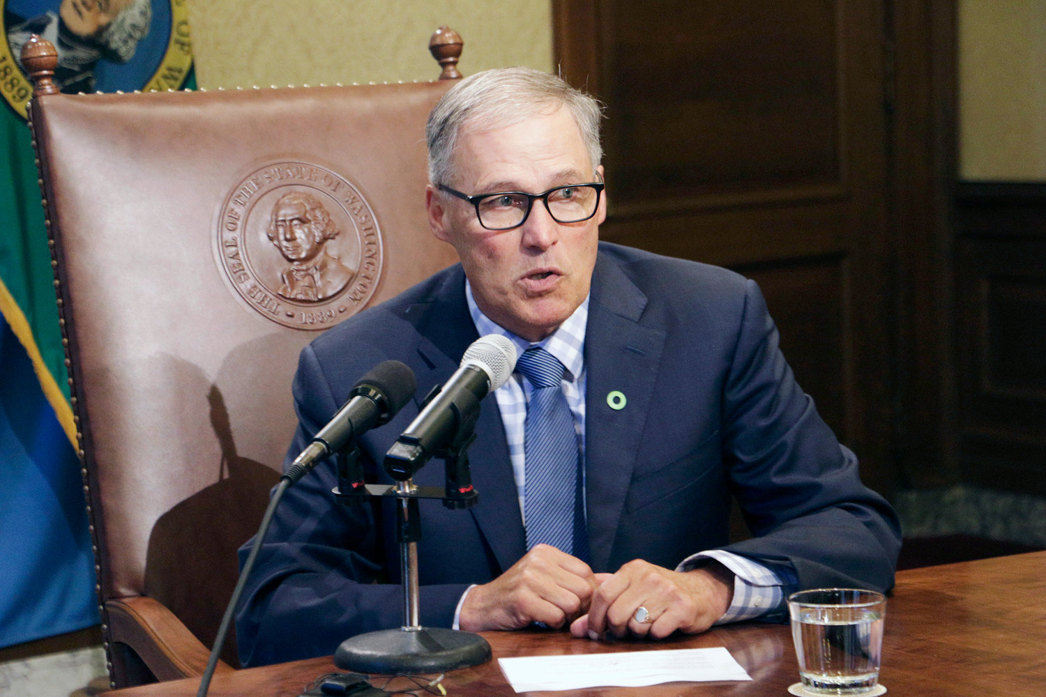 Gov. Jay Inslee talks to reporters about ongoing budget negotiations, on Tuesday, June 27, 2017, in Olympia, Wash. 