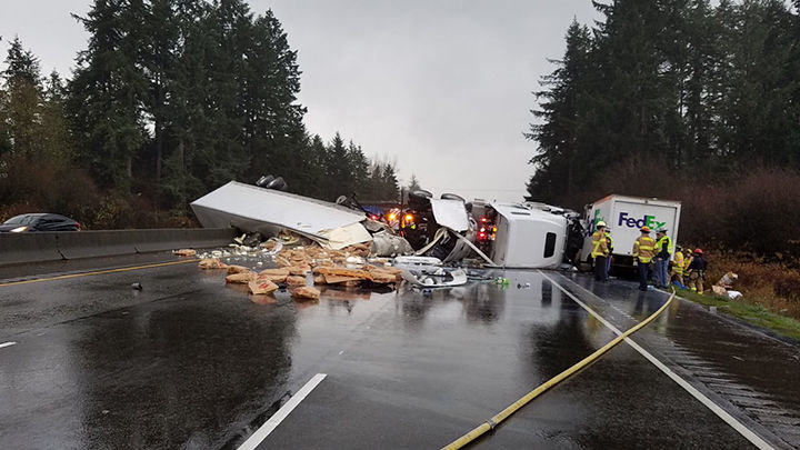 Southbound Interstate 5 was fully blocked at Maytown Wednesday morning.
