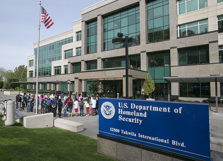 Protesters demonstrated in May outside the Tukwila offices of Immigration, Customs and Enforcement. The relationship between high-tech firms and ICE has been a flashpoint this year since the outcry over some of the agency’s enforcement actions.