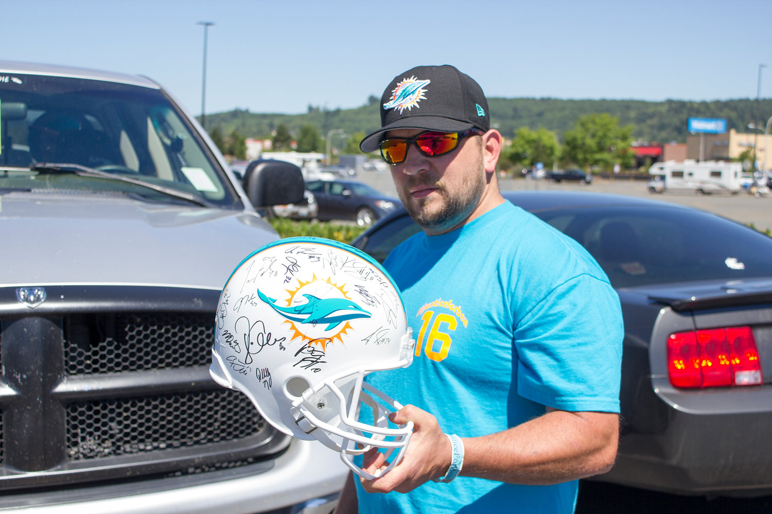 B.j. Eastman discusses gifts he received from the Miami Dolphins on Wednesday afternoon in Chehalis.