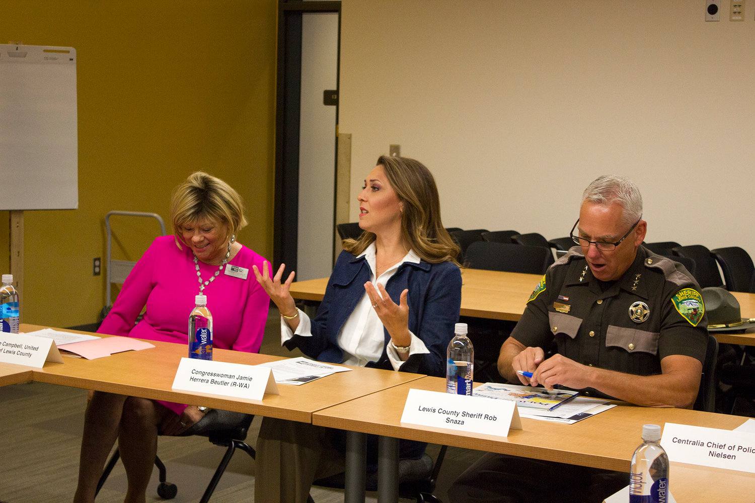 United Way of Lewis County Executive Director Debbie Campbell, Congresswoman Jaime Herrera Beutler and Lewis County Sheriff Rob Snaza participate in a roundtable discussion on early childhood education on Monday afternoon at Centralia College.