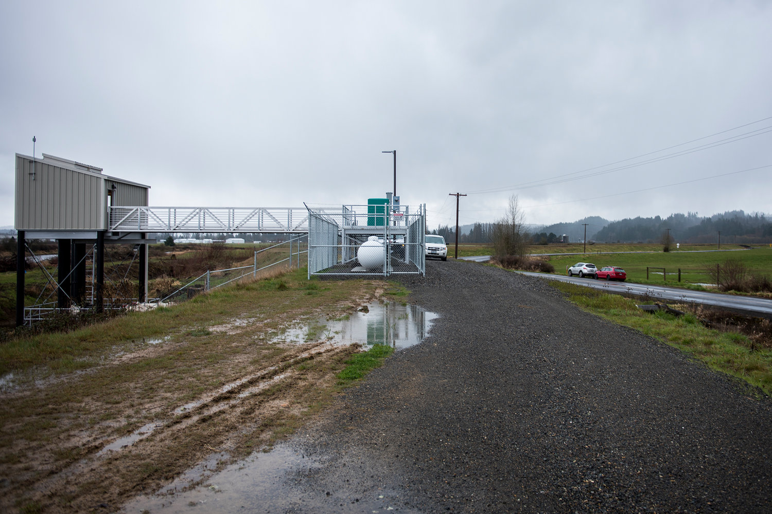 An elevated pump house is seen alongside the levy that surrounds the Centralia/Chehalis Airport on Thursday afternoon. The structure recently replaced a World War II era pump house that had fallen into disrepair.