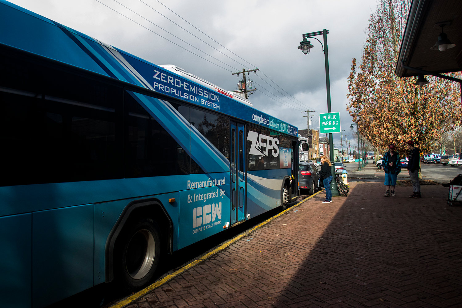 The Twin Transit demonstration electric bus is seen Monday afternoon in front of the Centralia Train Depot. The bus features a zero-emission propulsion system.