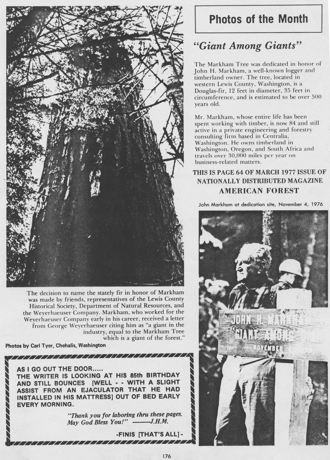 A 1977 article from American Forester magazine shows John Markham near the sign bearing his name and the giant Markham Tree. 