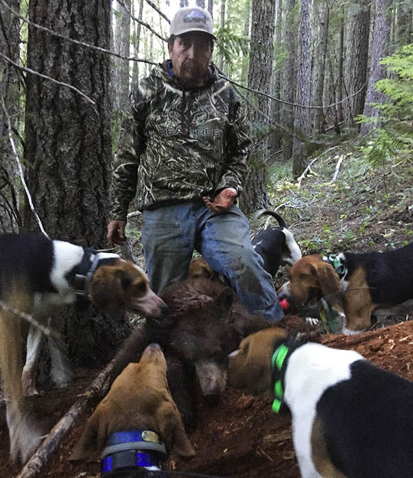 Suspect Eddy Dills, surrounded by hunting dogs, stands over a dead bear allegedly killed by the suspects. (Washington Department of Fish &amp; Wildlife)
