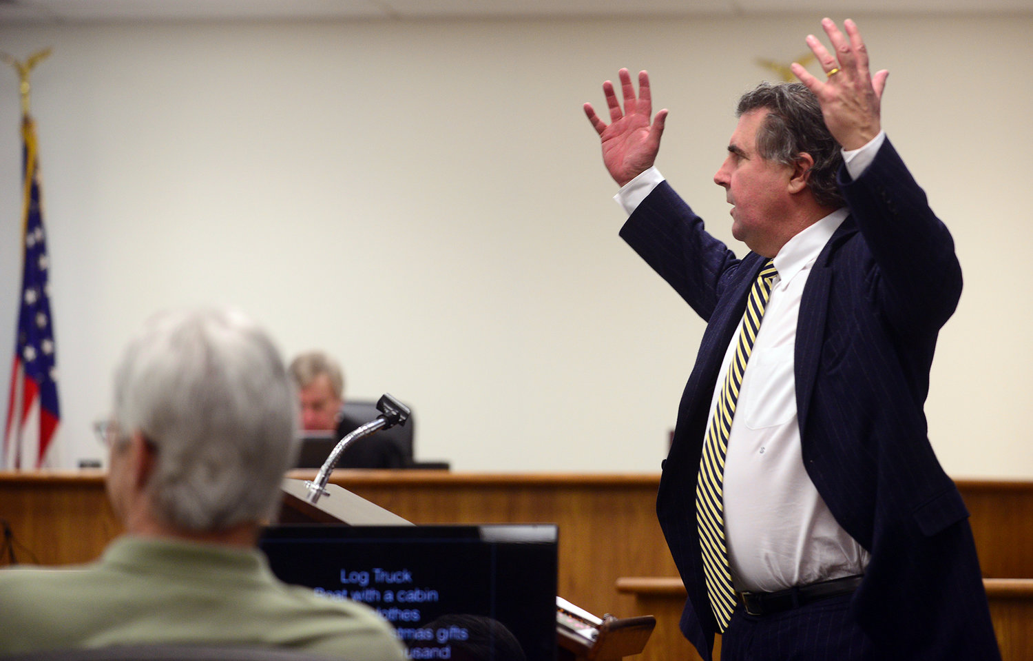 Rick Riffe, left, looks on as his defense attorney John Crowley makes the closing arguments in Riffe's double-homicide trial in Lewis County Superior Court in November 2013. 