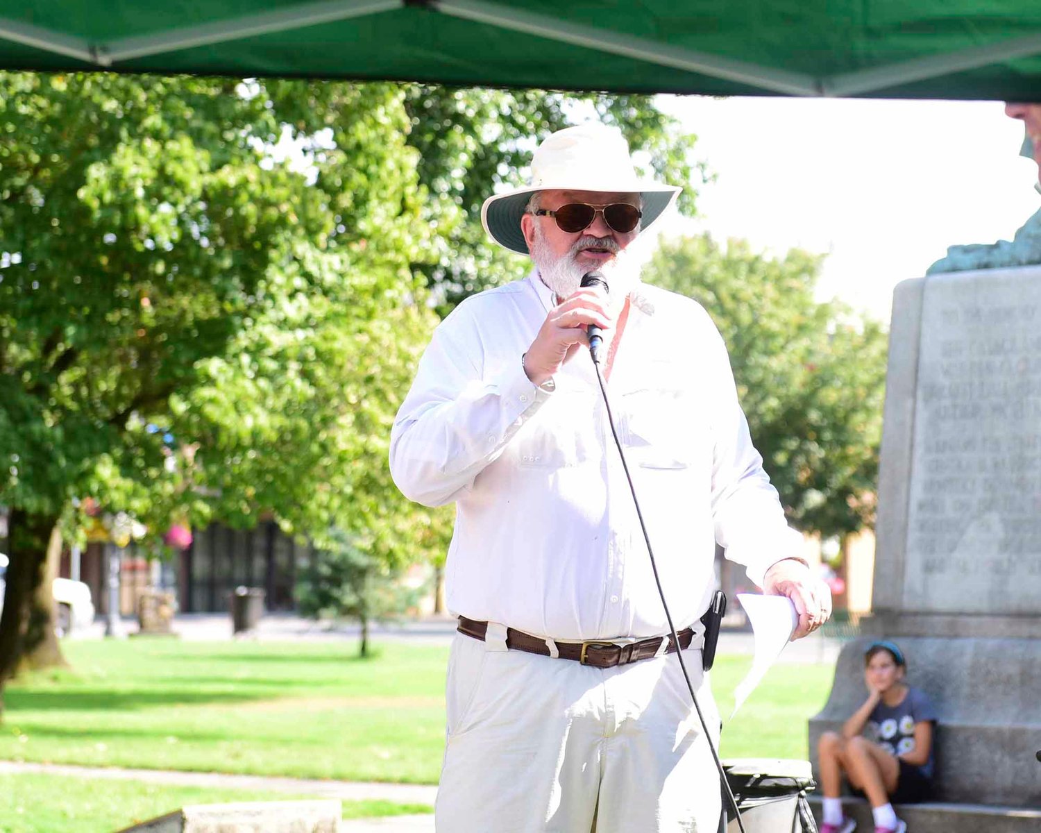 Stuart Halsan, of the George Washington 200 Committee, speaks about Centralia’s founder Monday at the Thurston-Lewis-Mason Labor Council’s Labor Day Picnic at George Washington Park.