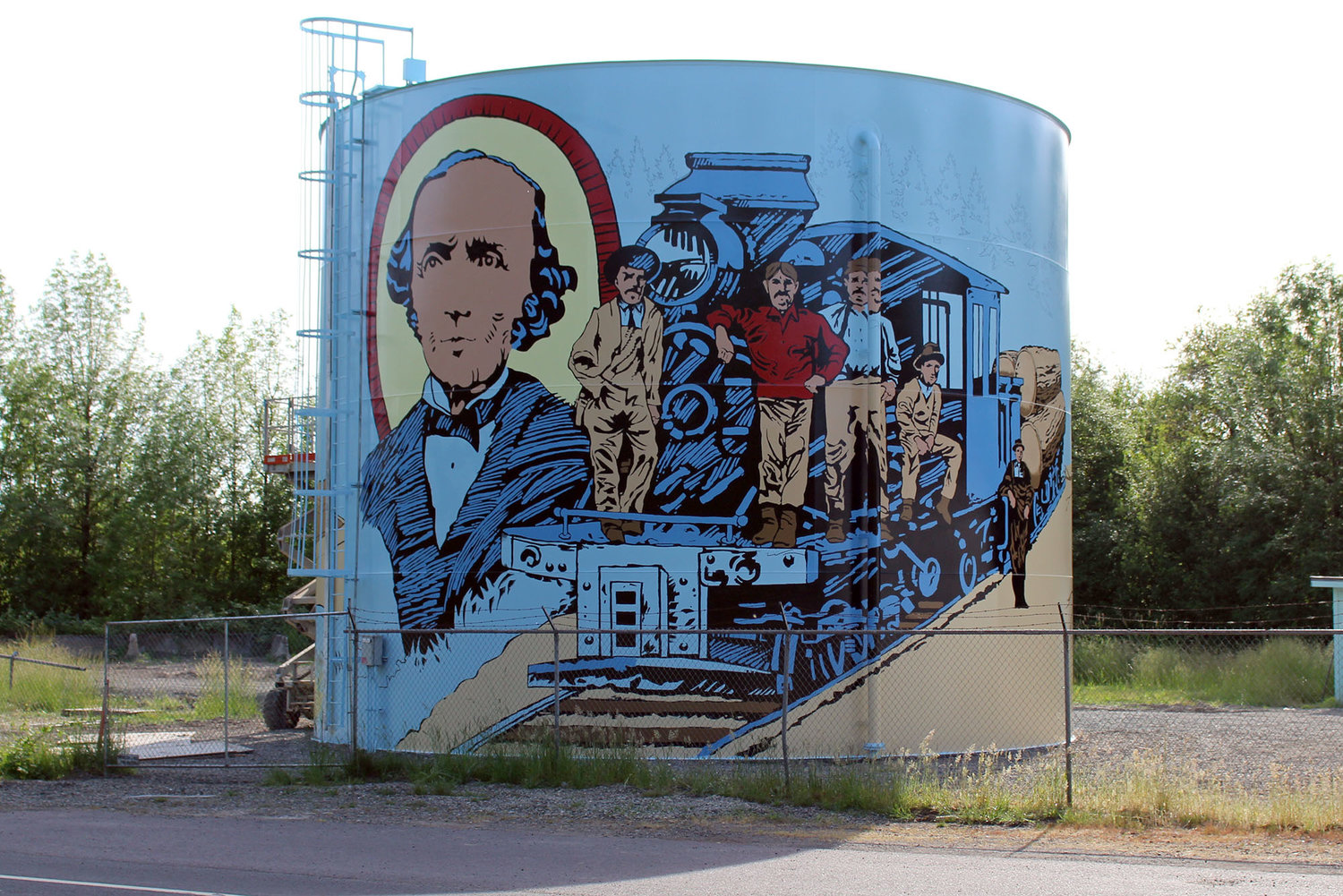 FILE PHOTO — Simon Plamondon, one of the first white settlers in the area, is at the forefront of this mural in Toledo. Next to him is a lumber train and faces of men who would have worked on it.