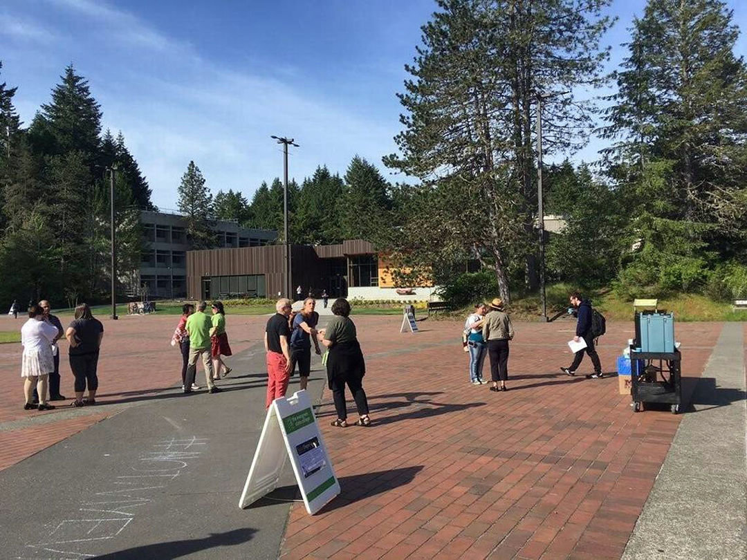 Staff and faculty at The Evergreen State College were out welcoming students to campus with coffee and conversation in this photo tweeted by the college in 2017.